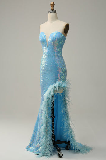 Mermaid Sweetheart lyseblå paljetter Long Prom kjole med fjær