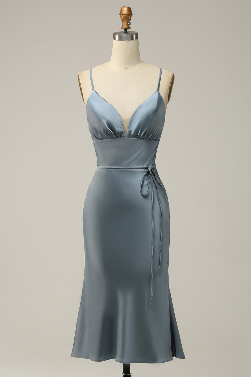 Load image into Gallery viewer, Spaghetti stropper sateng blå brudepike kjole