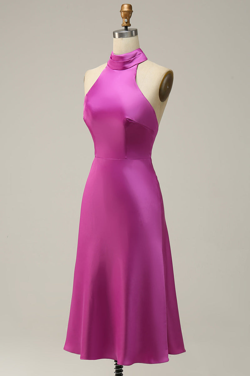 Load image into Gallery viewer, Halter Satin Fuchsia brudepike kjole