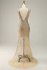Load image into Gallery viewer, Sheath V Neck Golden Paljetter Long Prom Kjole med åpen rygg