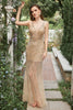 Load image into Gallery viewer, Havfrue Deep V Neck Golden Long Prom kjole med åpen rygg