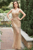 Havfrue Deep V Neck Golden Long Prom kjole med åpen rygg
