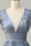 A Line Deep V Neck Grey Blue Plus Size Prom Dress med broderi