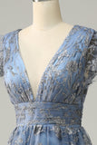 A Line Deep V Neck Grey Blue Plus Size Prom Dress med broderi