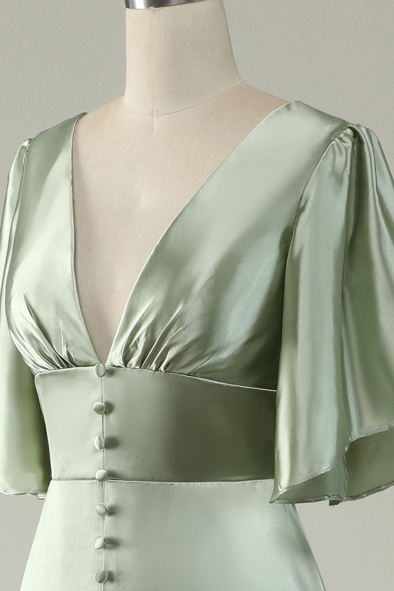 Load image into Gallery viewer, En linje dyp V-hals lysegrønn brudepikekjole med halve ermer