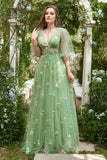 A-Line V-Neck Broderi Lavendel Long Prom Kjole med korte ermer