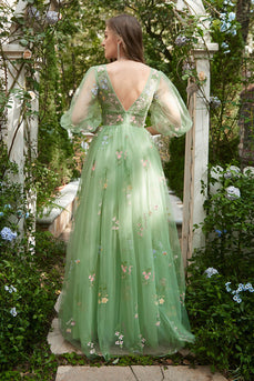 A-Line V-hals broderi Green Long Prom kjole med korte ermer
