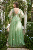 A-Line V-hals broderi Green Long Prom kjole med korte ermer