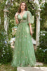 Load image into Gallery viewer, A-Line V-hals broderi Green Long Prom kjole med korte ermer