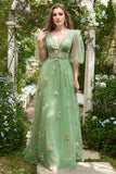 A-Line V-Neck Broderi Lavendel Long Prom Kjole med korte ermer