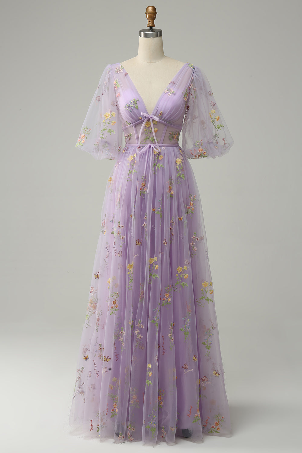 A-Line V-Neck Broderi Lavendel Long Prom Kjole med korte ermer
