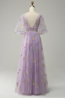 A-Line V-Neck Broderi Lavendel Long Prom Kjole med korte ermer