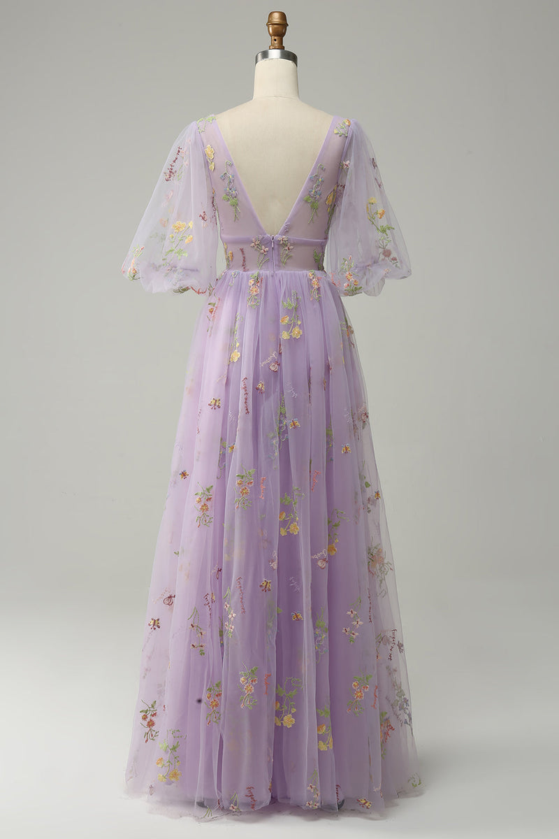 Load image into Gallery viewer, A-Line V-Neck Broderi Lavendel Long Prom Kjole med korte ermer