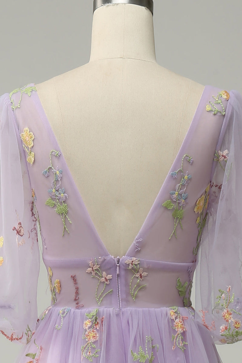 Load image into Gallery viewer, A-Line V-Neck Broderi Lavendel Long Prom Kjole med korte ermer