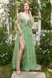 A-Line V-Neck Spaghetti stropper Broderi Green Long Prom kjole med Slit