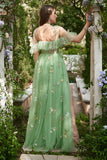 A-Line V-Neck Spaghetti stropper Broderi Green Long Prom kjole med Slit