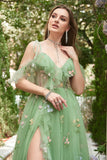 A-Line V-Neck Spaghetti stropper Broderi Green Long Prom kjole med Slit