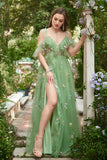 A-Line V-Neck Spaghetti stropper Broderi Green Long Prom kjole med Slit