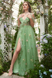 A-Line V-Neck Spaghetti stropper Broderi Green Long Prom kjole med Slit