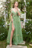 A-Line V-Neck Spaghetti stropper Broderi Green Long Prom kjole med Slit