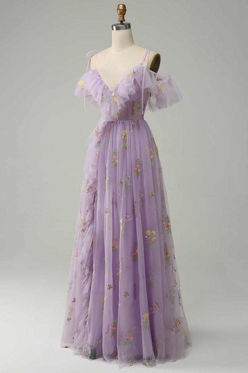 Load image into Gallery viewer, A-Line V-Neck Spaghetti stropper Broderi Lavendel Long Prom Kjole med Slit