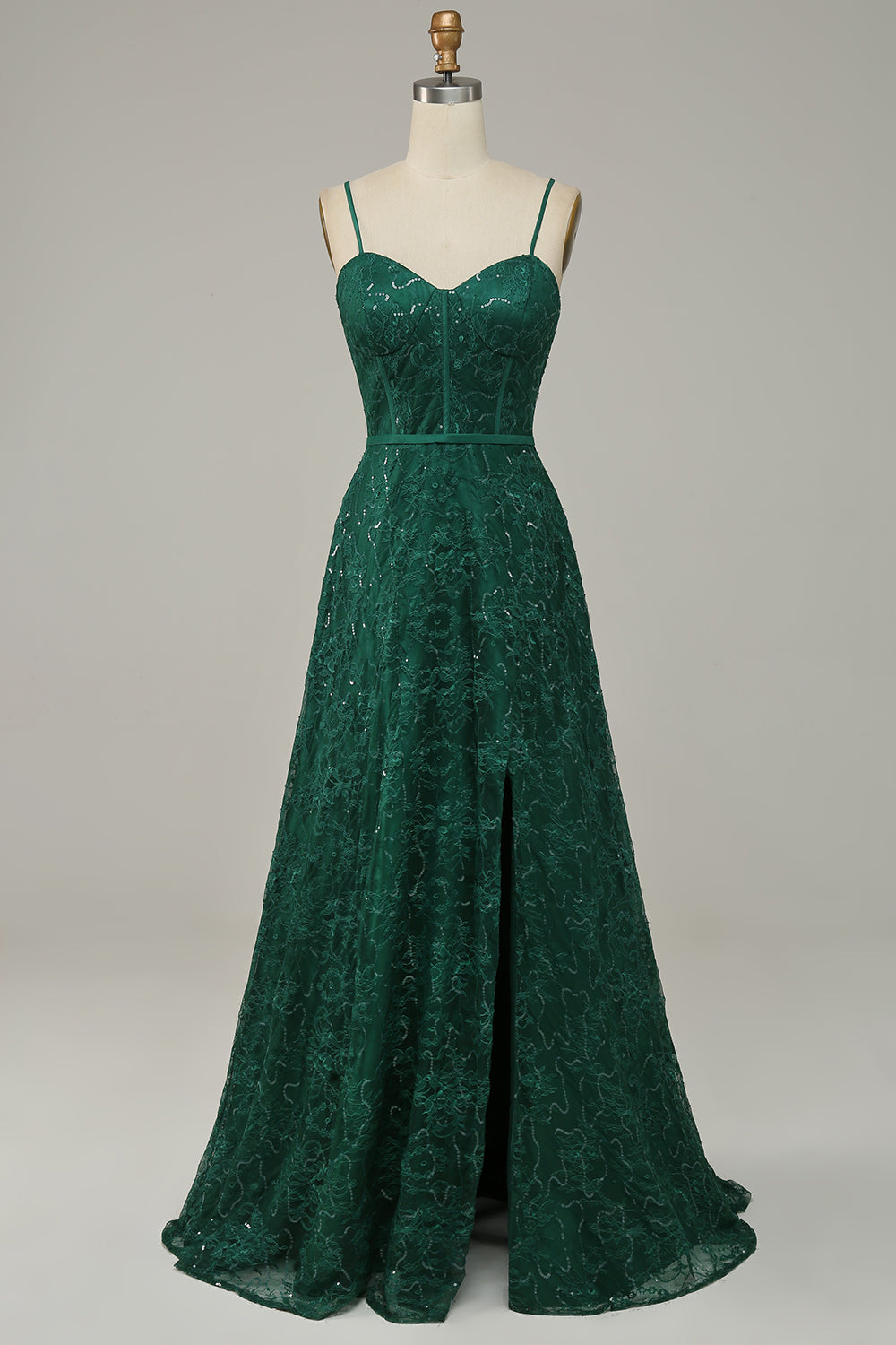 Mørkegrønn blonder Spaghetti stropper korsett Prom kjole