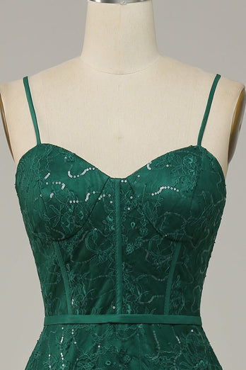 Mørkegrønn blonder Spaghetti stropper korsett Prom kjole
