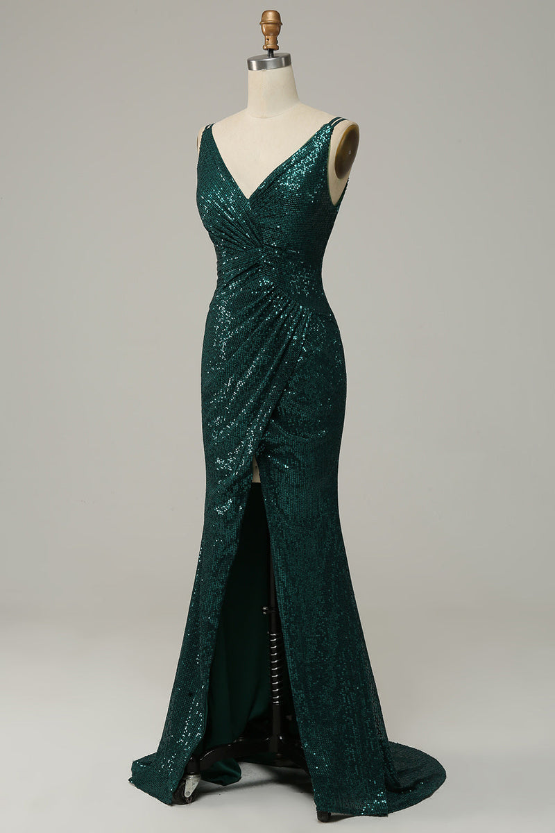 Load image into Gallery viewer, Mørkegrønn paljett spaghetti stropper Prom kjole med spalte