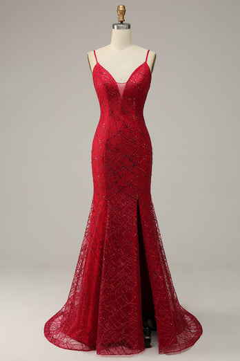 Mørk rød spaghetti stropper Havfrue Prom kjole med Slit