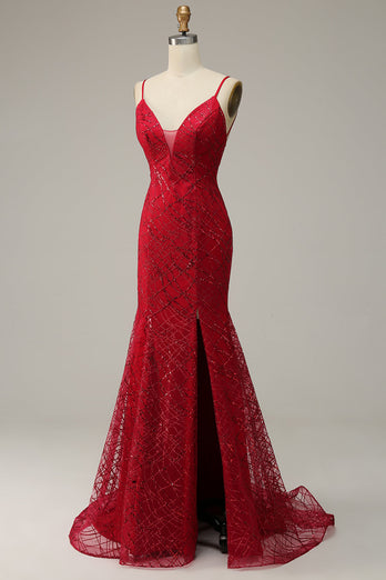 Mørk rød spaghetti stropper Havfrue Prom kjole med Slit