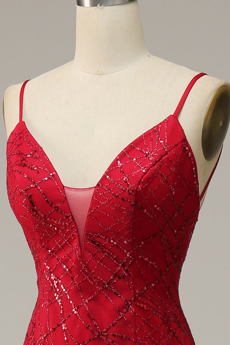 Load image into Gallery viewer, Mørk rød spaghetti stropper Havfrue Prom kjole med Slit
