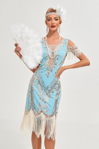 Svart kald skulder paljetter frynser 1920-tallet Gatsby kjole