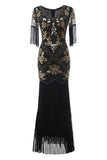 V Neck Black Long 1920 Flapper Dress med paljetter og frynser