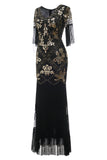 V Neck Black Long 1920 Flapper Dress med paljetter og frynser