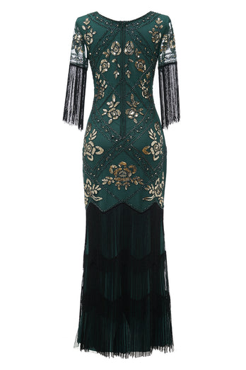 V Neck Black Long 1920 Flapper Dress med paljetter og frynser