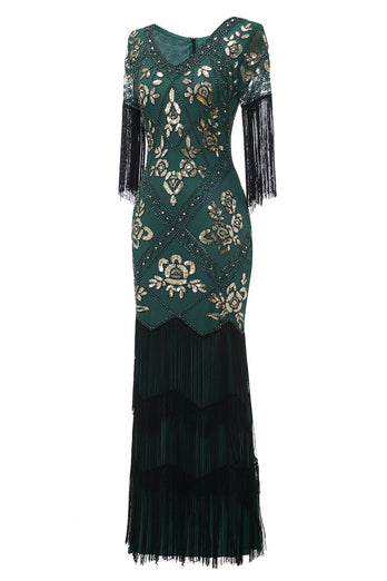 V Neck Black Long 1920 Flapper Dress med paljetter og frynser