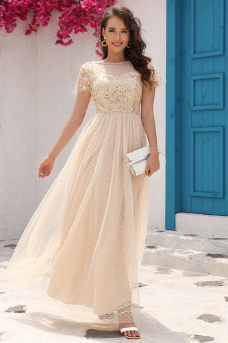 A Line Tulle Apricot Sequins Prom Dress med Appliques