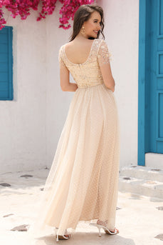 A Line Tulle Apricot Sequins Prom Dress med Appliques