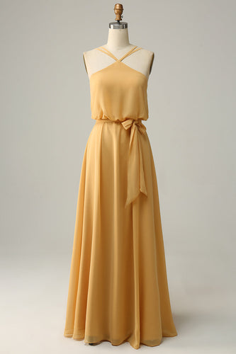 A Line Halter Yellow Long Bridesmaid Dress med Bowknot