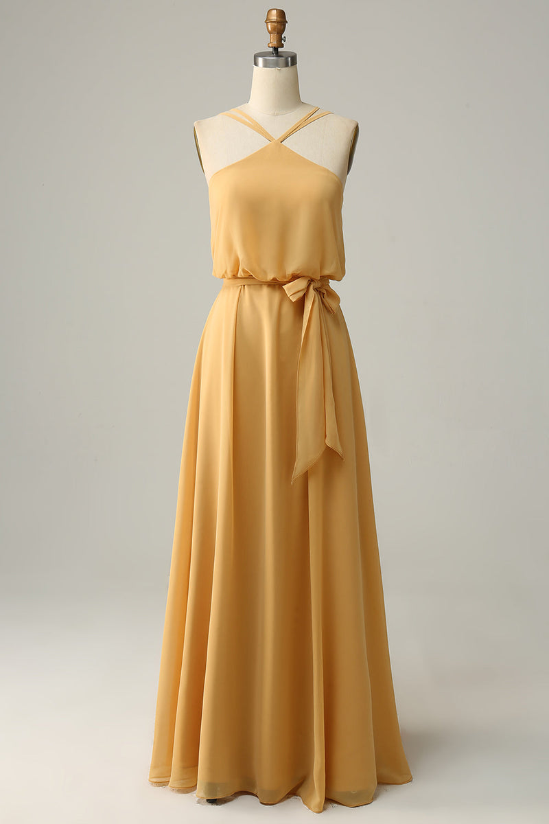 Load image into Gallery viewer, A Line Halter Yellow Long Bridesmaid Dress med Bowknot