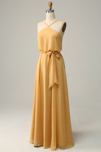 A Line Halter Yellow Long Bridesmaid Dress med Bowknot