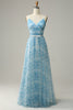 Load image into Gallery viewer, Blå Trykt A-linje tyll lang brudepike kjole
