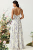 Load image into Gallery viewer, En linje spaghetti stropper lilla blomst trykt lang brudepike kjole
