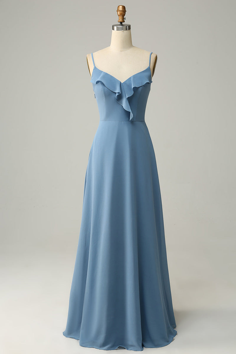 Load image into Gallery viewer, A Line Spaghetti stropper Grå blå Long brudepike kjole med volanger