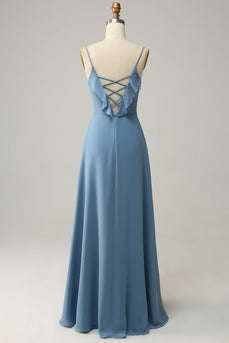 A Line Spaghetti stropper Grå blå Long brudepike kjole med volanger