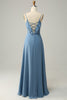 Load image into Gallery viewer, A Line Spaghetti stropper grå blå lang brudepike kjole med Criss Cross Back