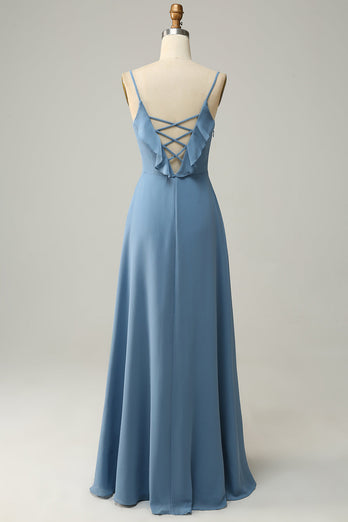 A Line Spaghetti stropper grå blå lang brudepike kjole med Criss Cross Back