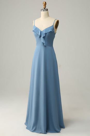 A Line Spaghetti stropper Grå blå Long brudepike kjole med volanger