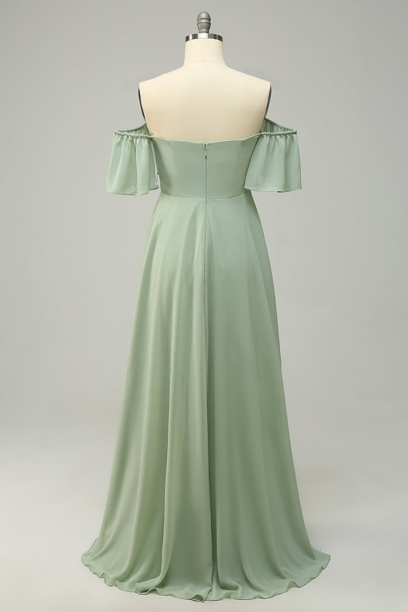 Load image into Gallery viewer, En linje av skulderen Grønn Long Bridesmaid kjole med Ruffles