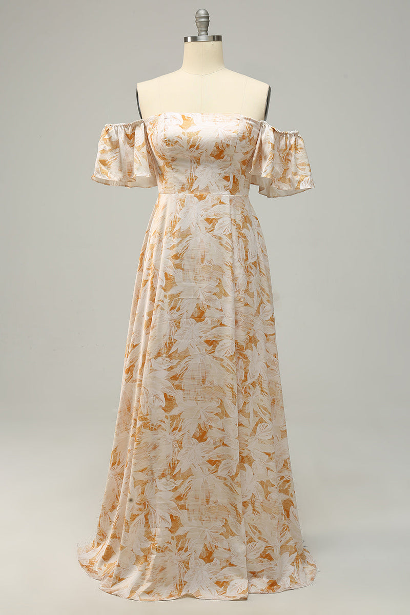 Load image into Gallery viewer, En linje av skulderen gul blomst trykt pluss størrelse brudepike kjole